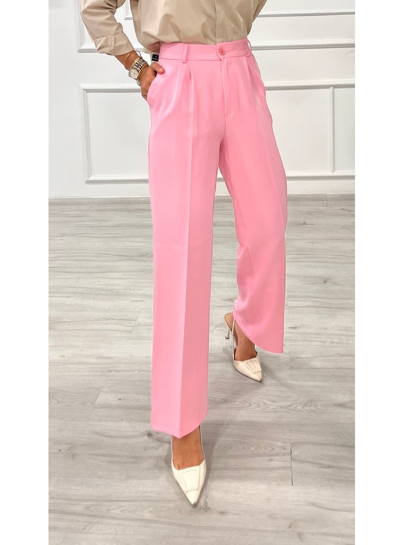 Destemoda Pembe Dabıl Pileli Palazzo Pantolon