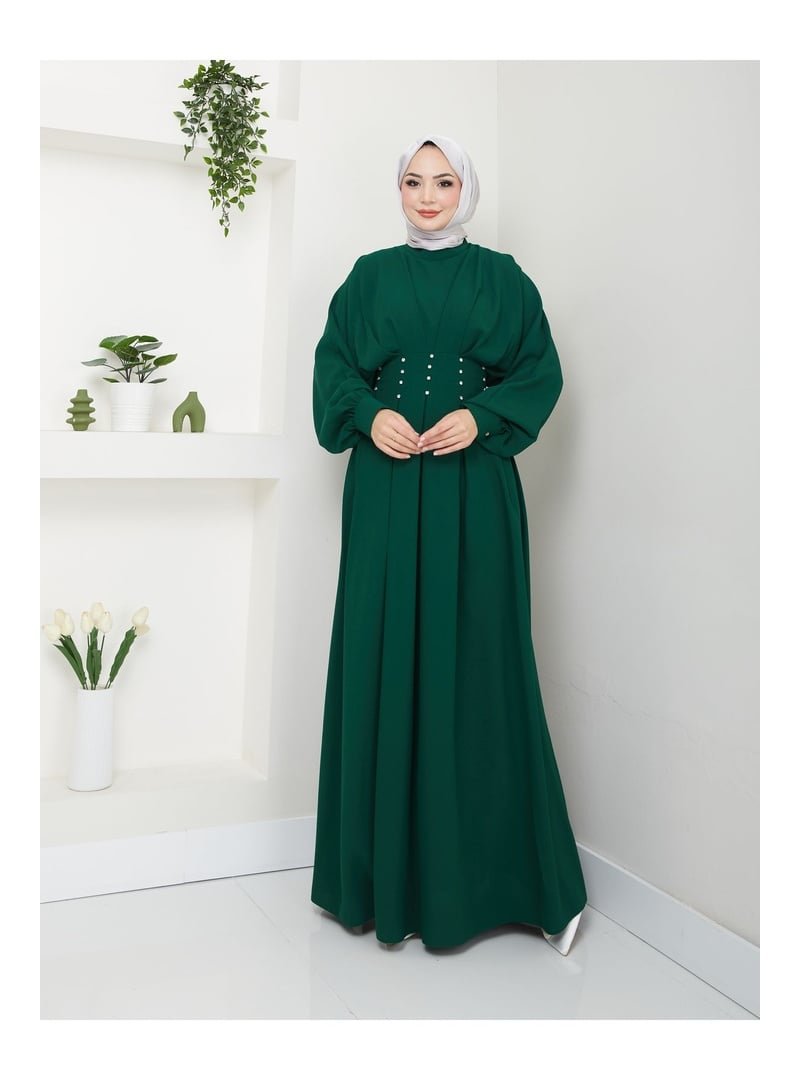 Volt Clothing Yeşil Balon Kol Pileli Taşlı Elbise