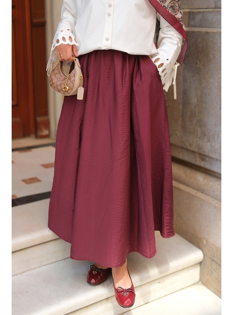Locco Moda Bordo Kırışık Kloş Etek