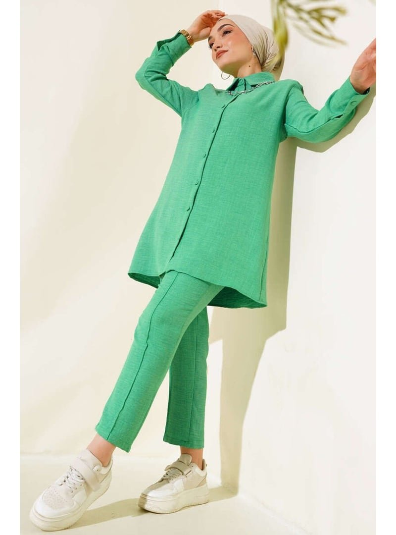 Volt Clothing Siyah Top Düğmeli Keten İkili Takım