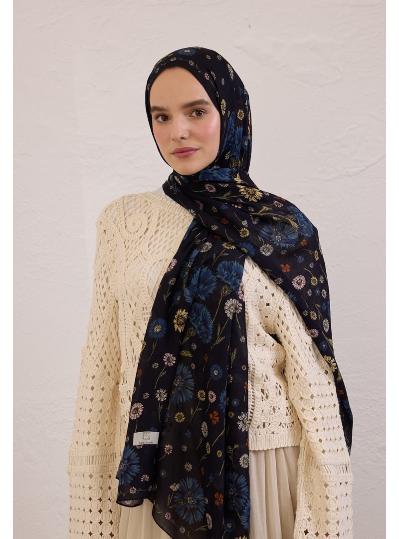 FRESHSCARFS Siyah Bloomıng Dahlıa Desen Rami Şal