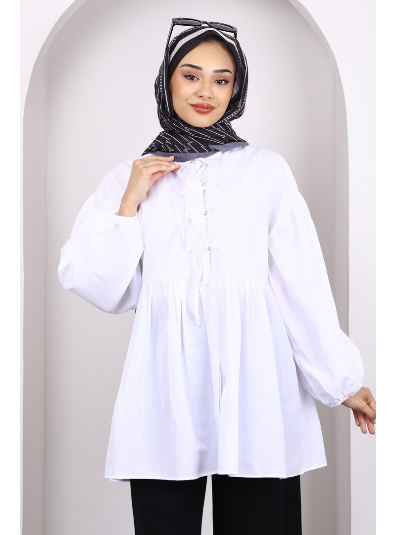 İmaj Butik Ekru Kol Lastikli Ön Düğmeli Tunik