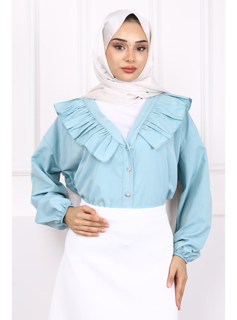 İmaj Butik Çağla Yaka Fırfırlı Düğmeli Gömlek