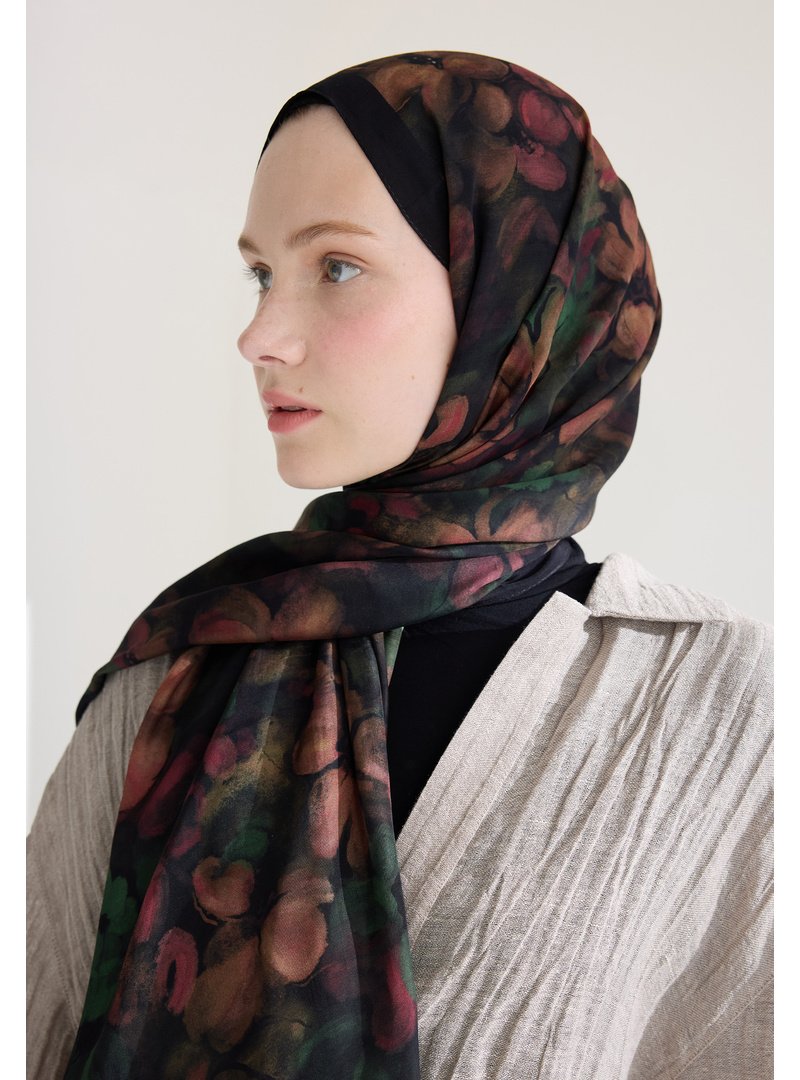 FRESHSCARFS Siyah Hıbıscus Beauty Floş Viskon Şal
