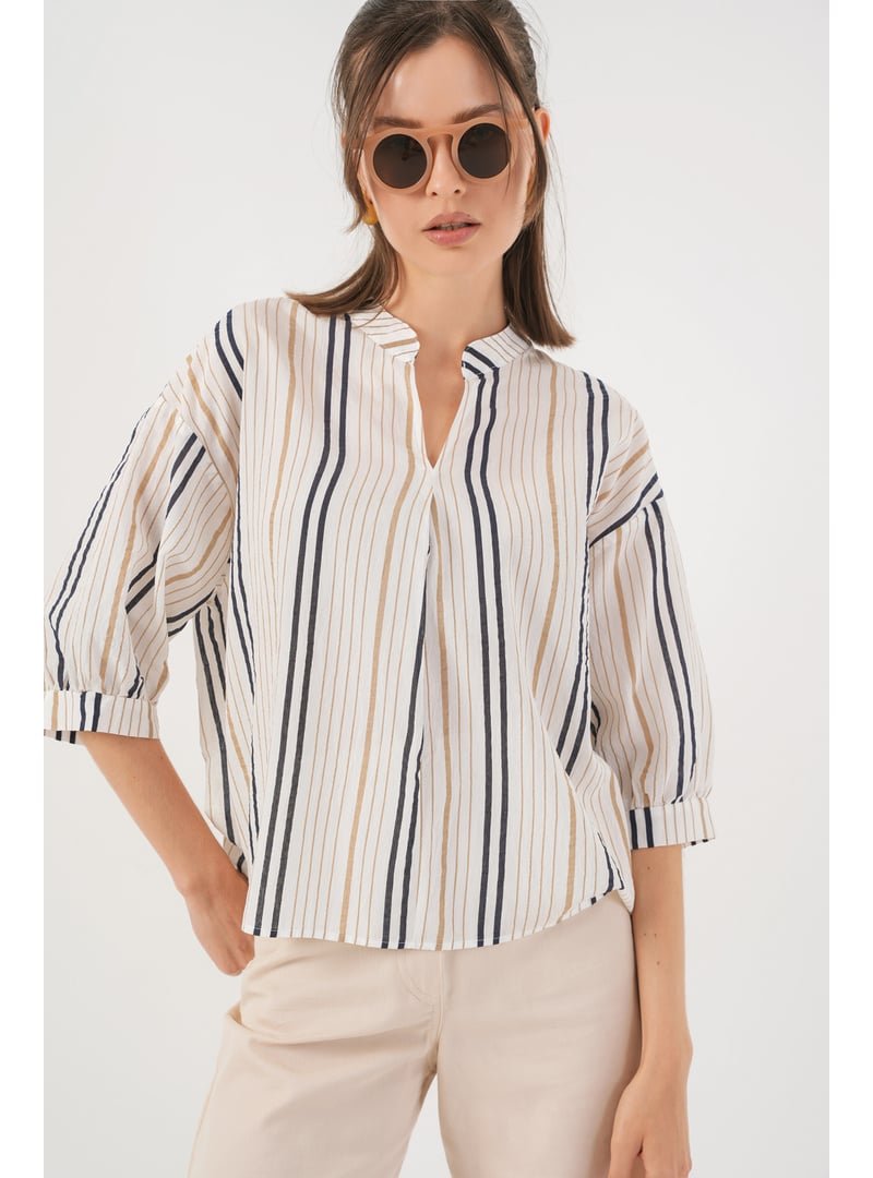 Bigdart Bej Çizgili Oversize Bluz