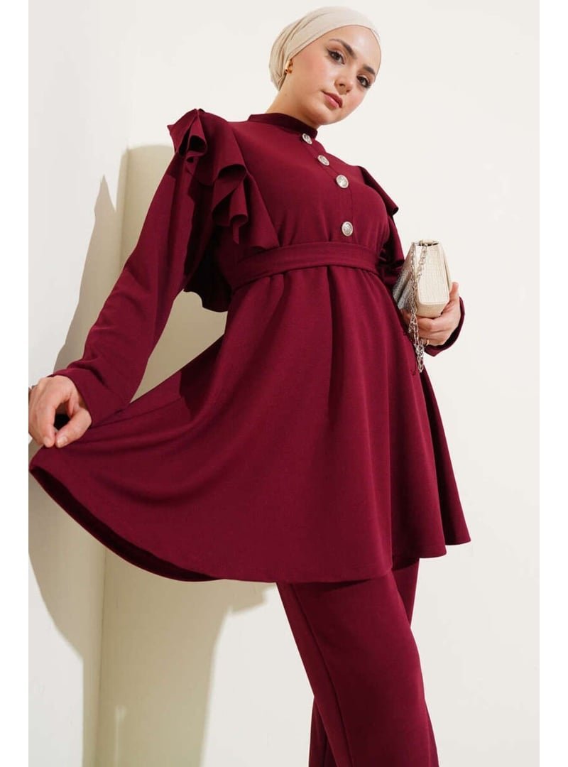 Volt Clothing Bordo Omuz Fırfırlı Düğme Detaylı İkili Takım