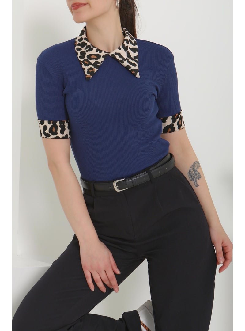 Tofisa Lacivert Lacıvert Leopar Yakalı Crop