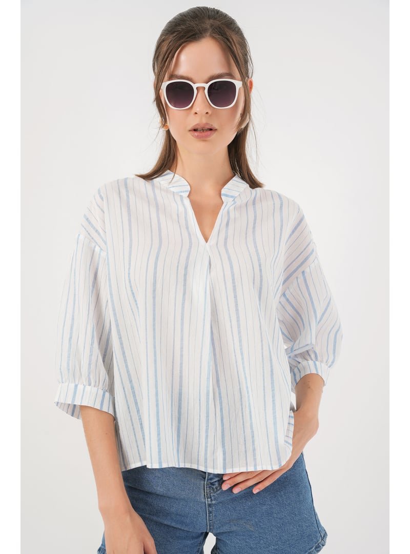 Bigdart Açık Mavi Çizgili Oversize Bluz