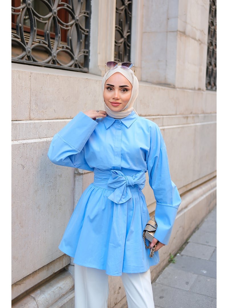Locco Moda Mavi Uzun Kuşaklı Gömlek