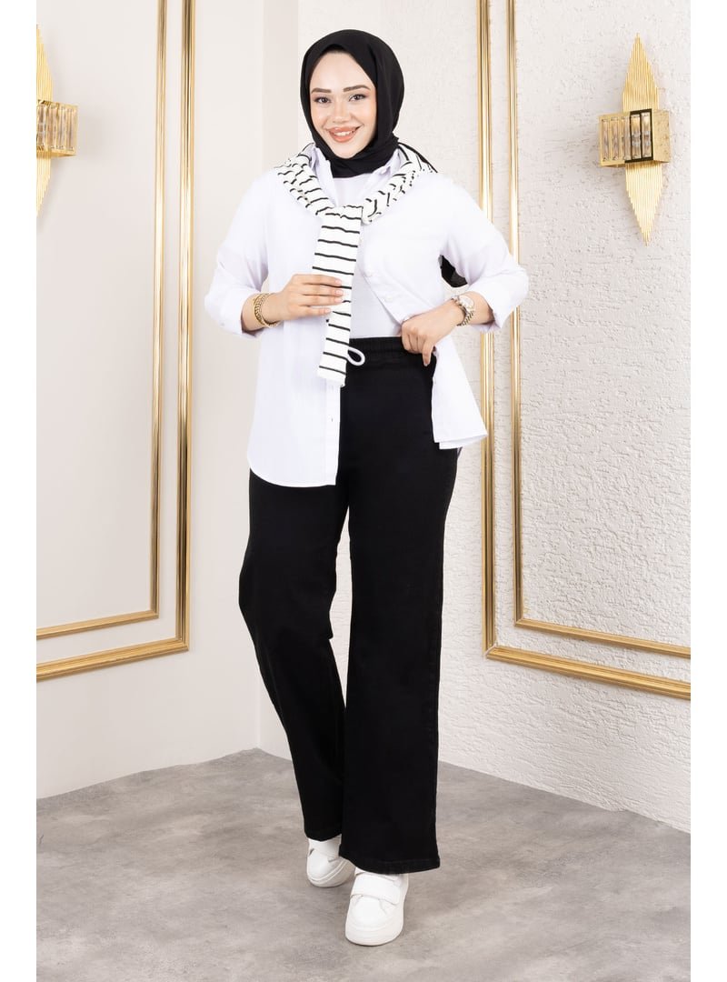 Tesettür Dünyası Siyah Bol Paça Beli Lastikli Kot Pantolon