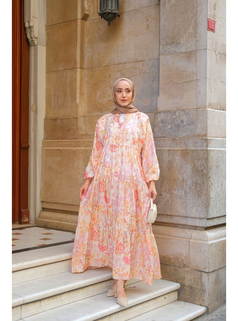 Locco Moda Pudra Sulu Boya Çicek Desenli Elbise