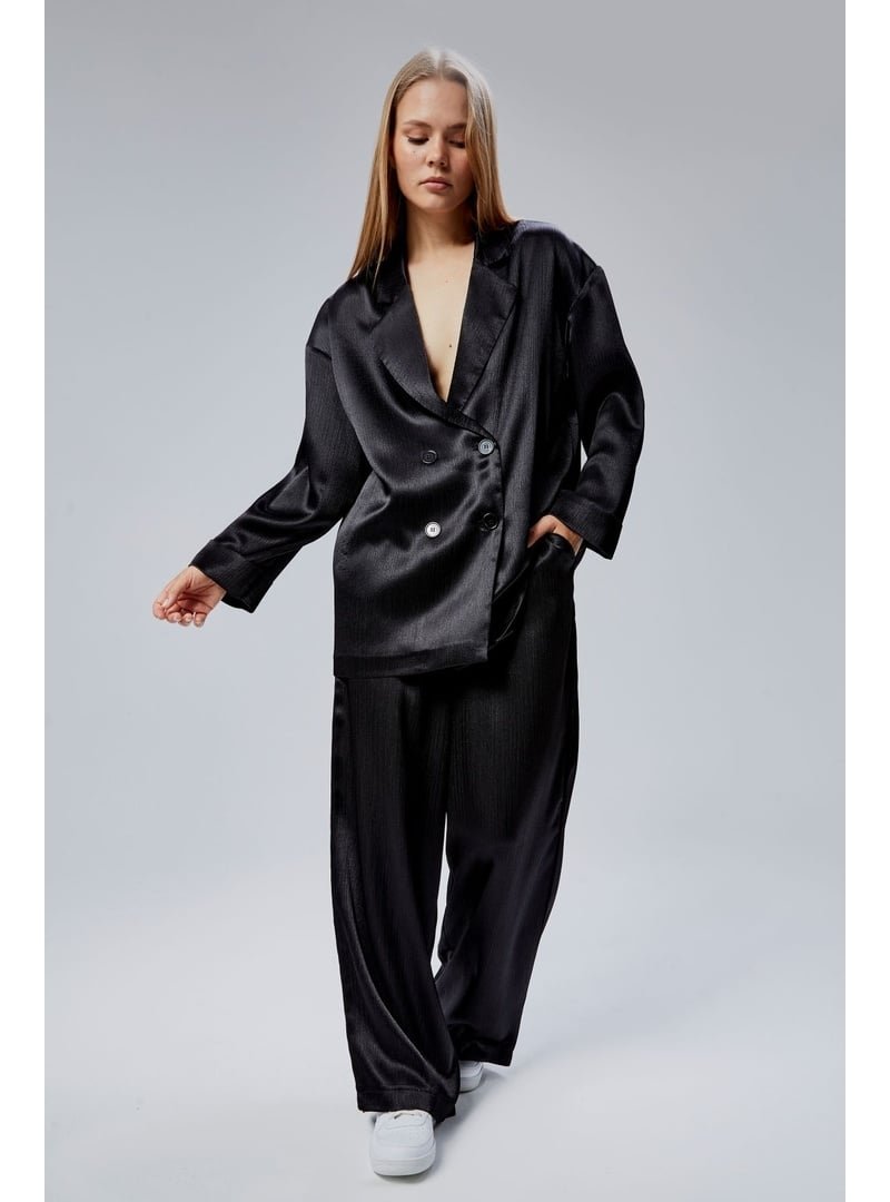 Bolivente Siyah Oversize Saten Takım