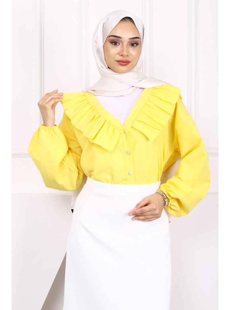 İmaj Butik Sarı Yaka Fırfırlı Düğmeli Gömlek