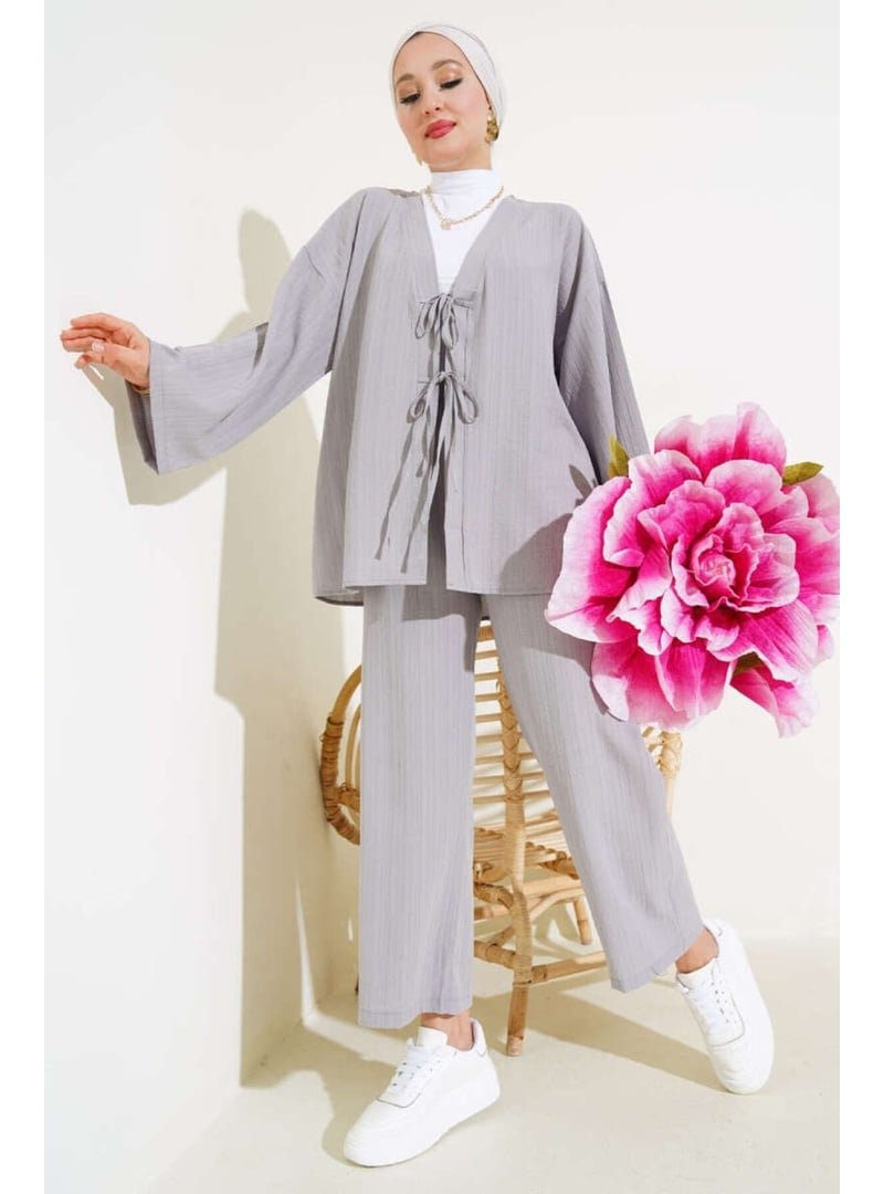 Volt Clothing Gri Önü Bağlamalı Kimono İkili Takım