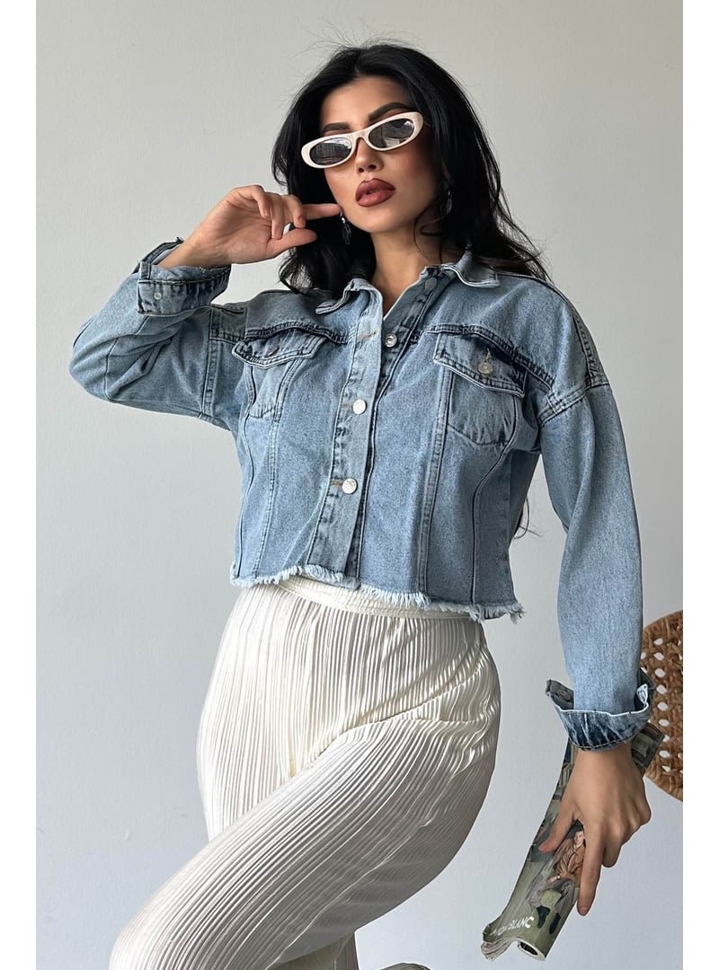 Tofisa Buz Mavi Çift Cepli Demin Crop Ceket