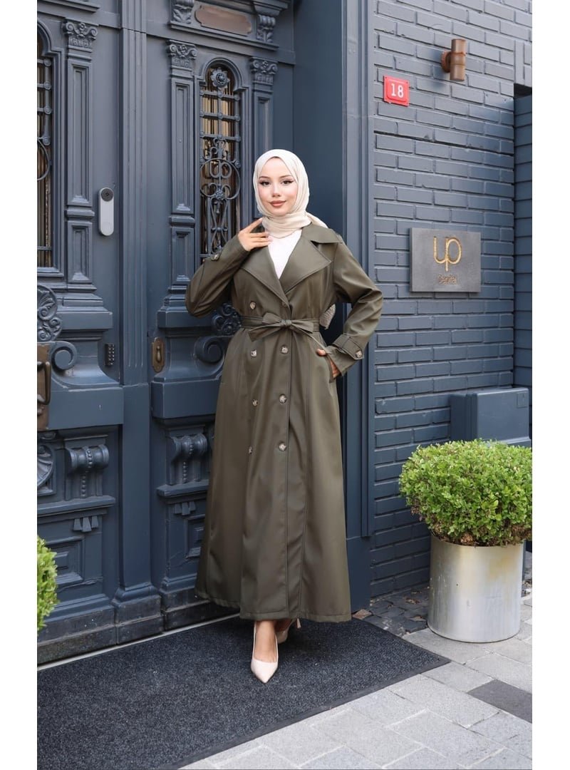 Harmatime butik Kuşaklı Çift Düğmeli Astarlı Bondit Haki Trençkot