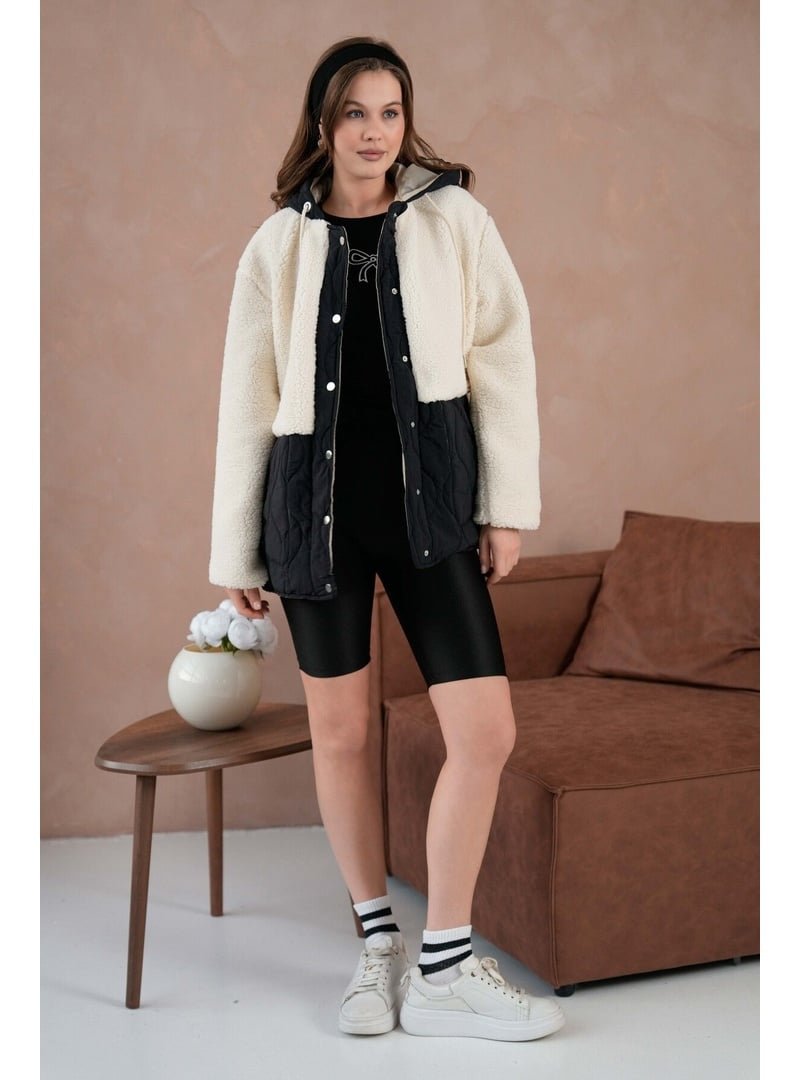 Volt Clothing Siyah Kapüşonlu Astarlı Kapitone Detaylı Peluş Mont