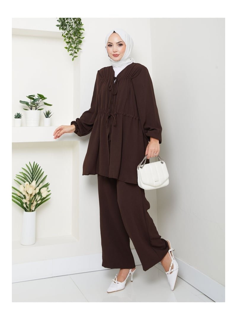 Volt Clothing Kahverengi Fiyonklu Keten Pantolonlu Takım