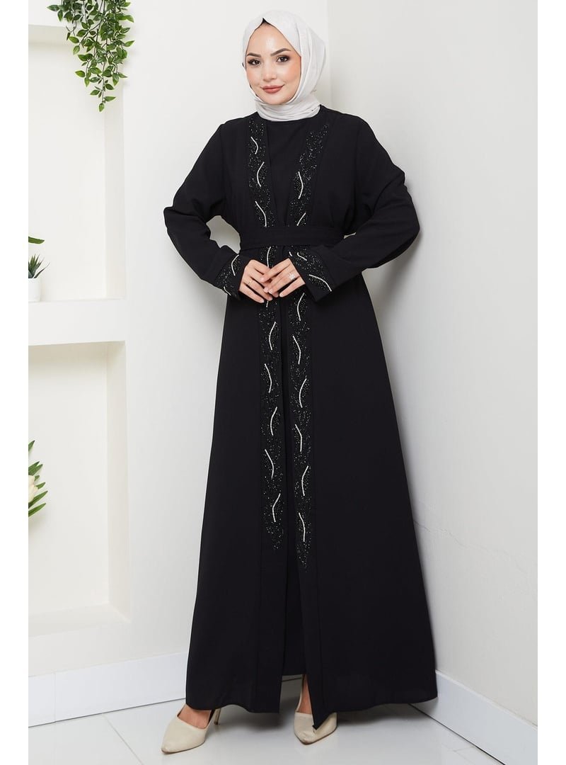 Hafsa Mina Siyah Kuşaklı Taş Detaylı Abaya