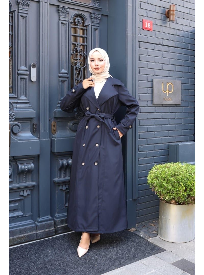 Harmatime butik Kuşaklı Çift Düğmeli Astarlı Bondit Lacivert Trençkot