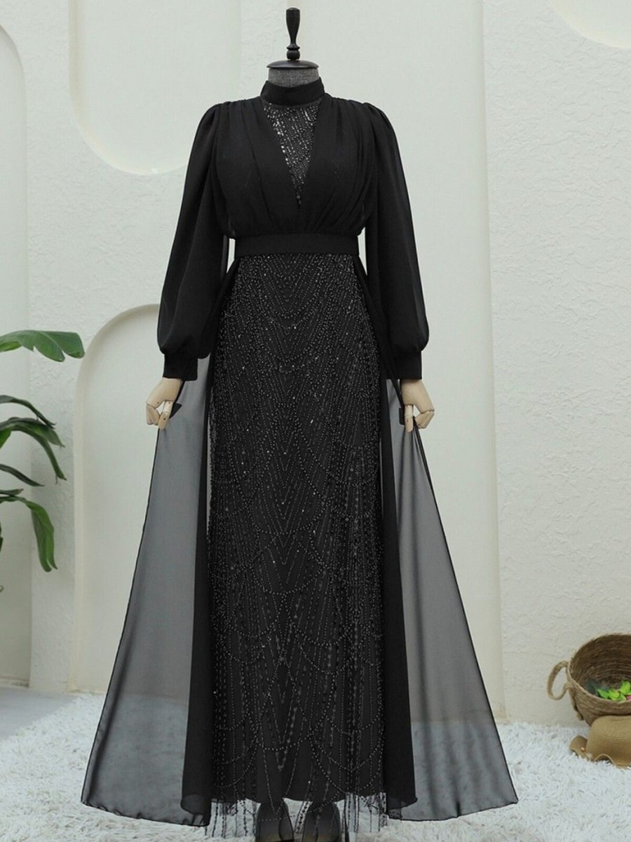 HİJABAYA Siyah Boncuk Ve Pul Detaylı Kemerli Şifon Abiye Elbise