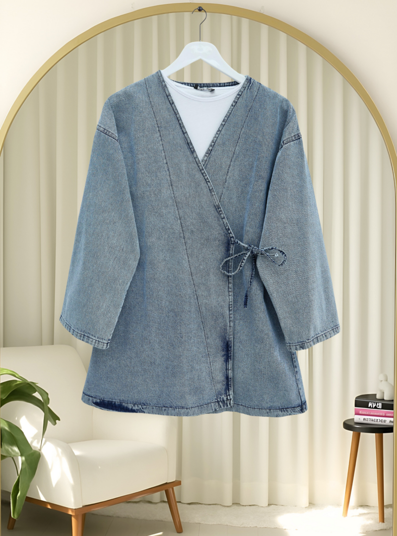 Podyumplus Açık Mavi Yandan Bağlamalı Kot Kimono