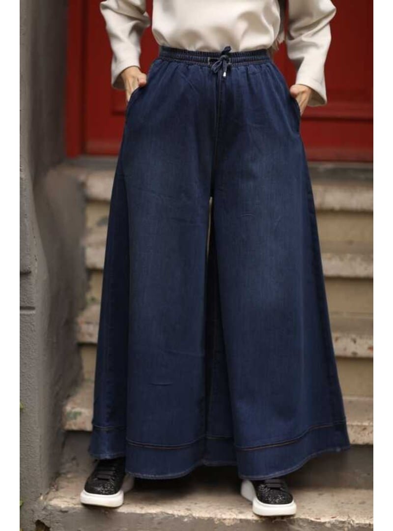 Neways Koyu Mavi Denim Lastikli Bol Paça Pantolon