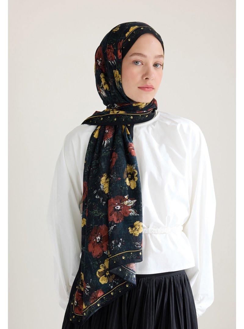FRESHSCARFS Siyah Tıny Garden Floş Viskon Şal