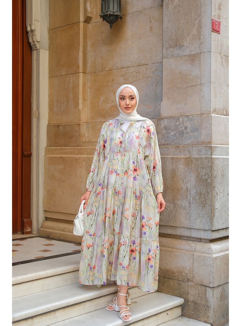 Locco Moda Yeşil Kır Çiçeği Desenli Elbise