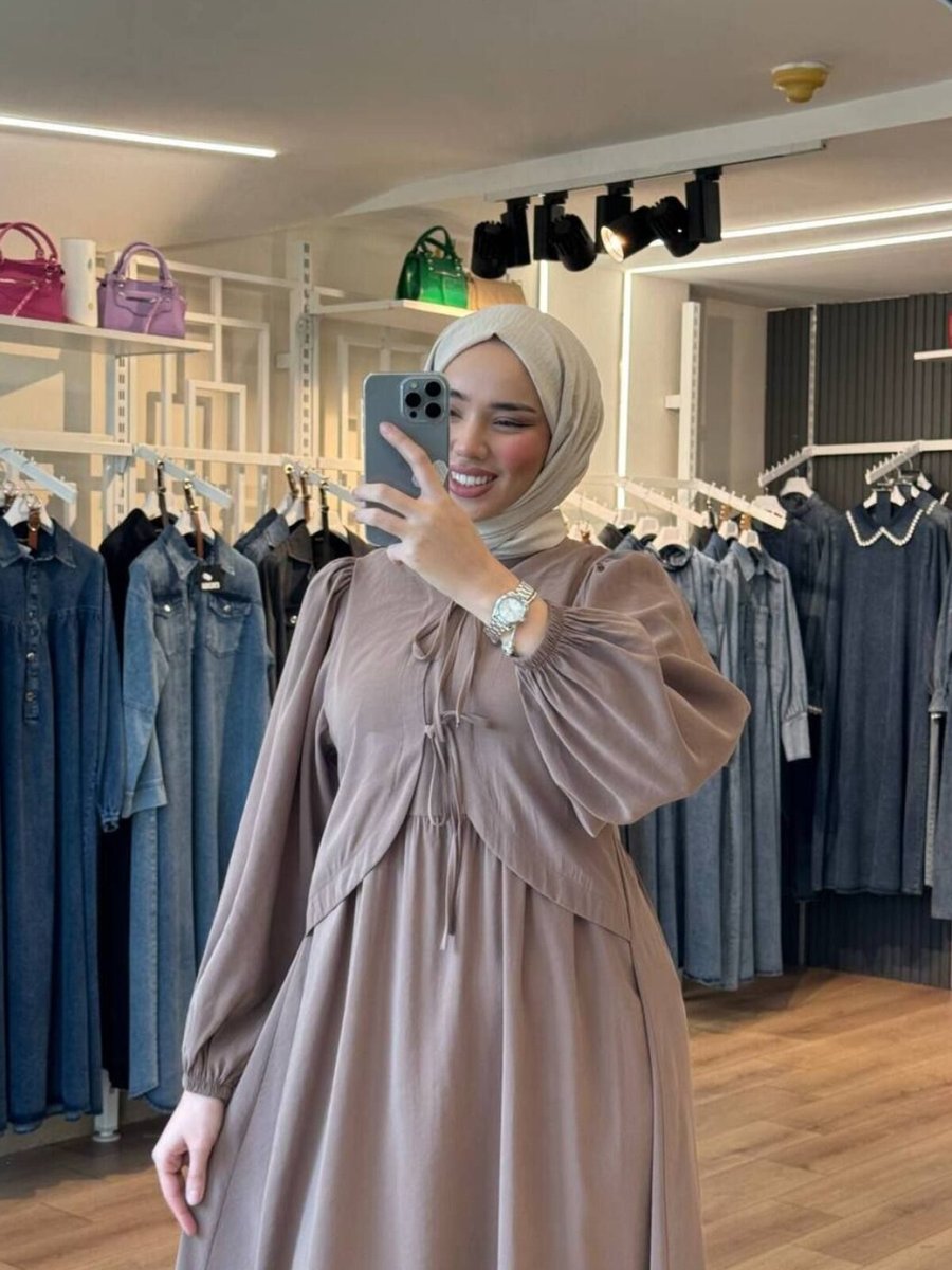 OlaLady Kahverengi Önden Kurdale Bağlamalı İnce Modal Kumaş Elbise