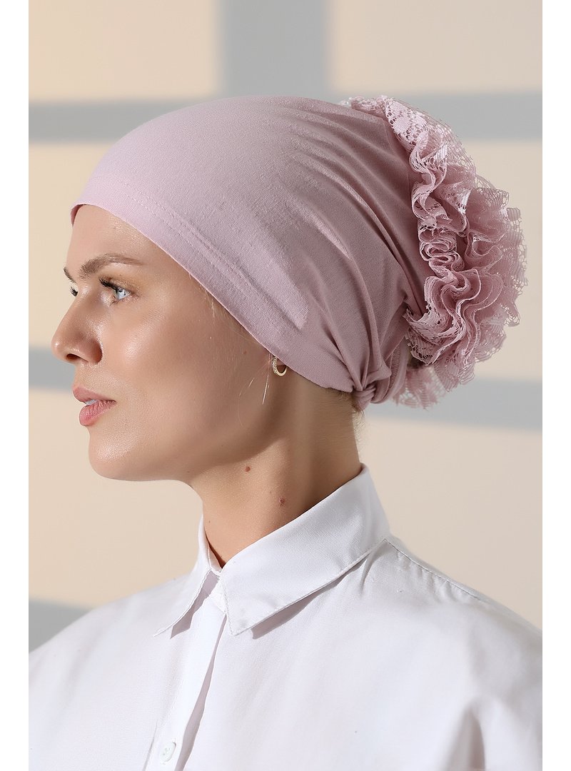 İhvanonline Pembe Fırfırlı Güpürlü Topuz Bone