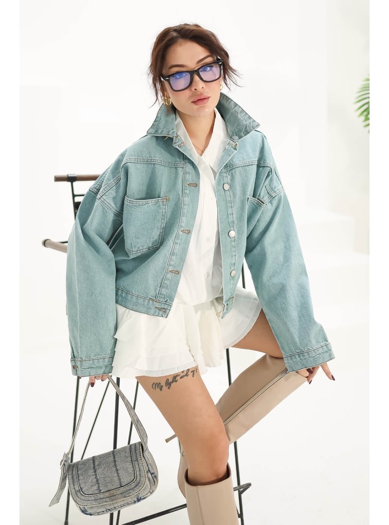 Tofisa Mint Çift Cepli Crop Kot Ceket