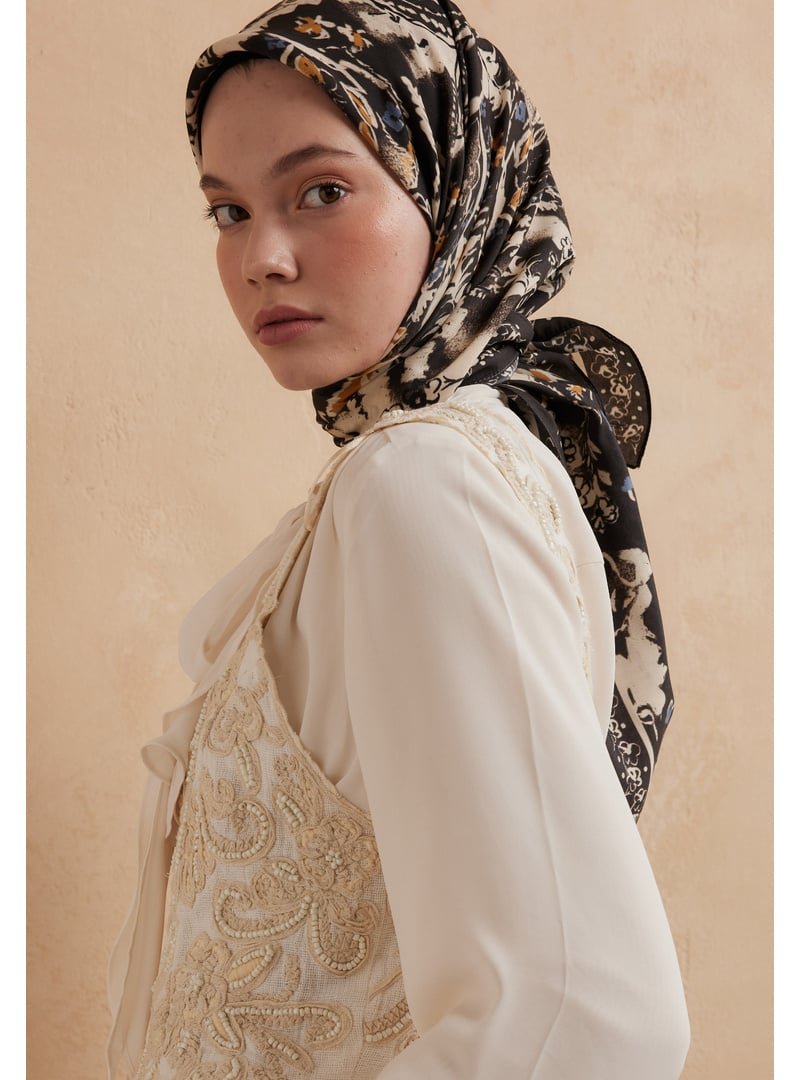 FRESHSCARFS Koyu Kahve Floral Paısley Desen Pamuk İpek Eşarp