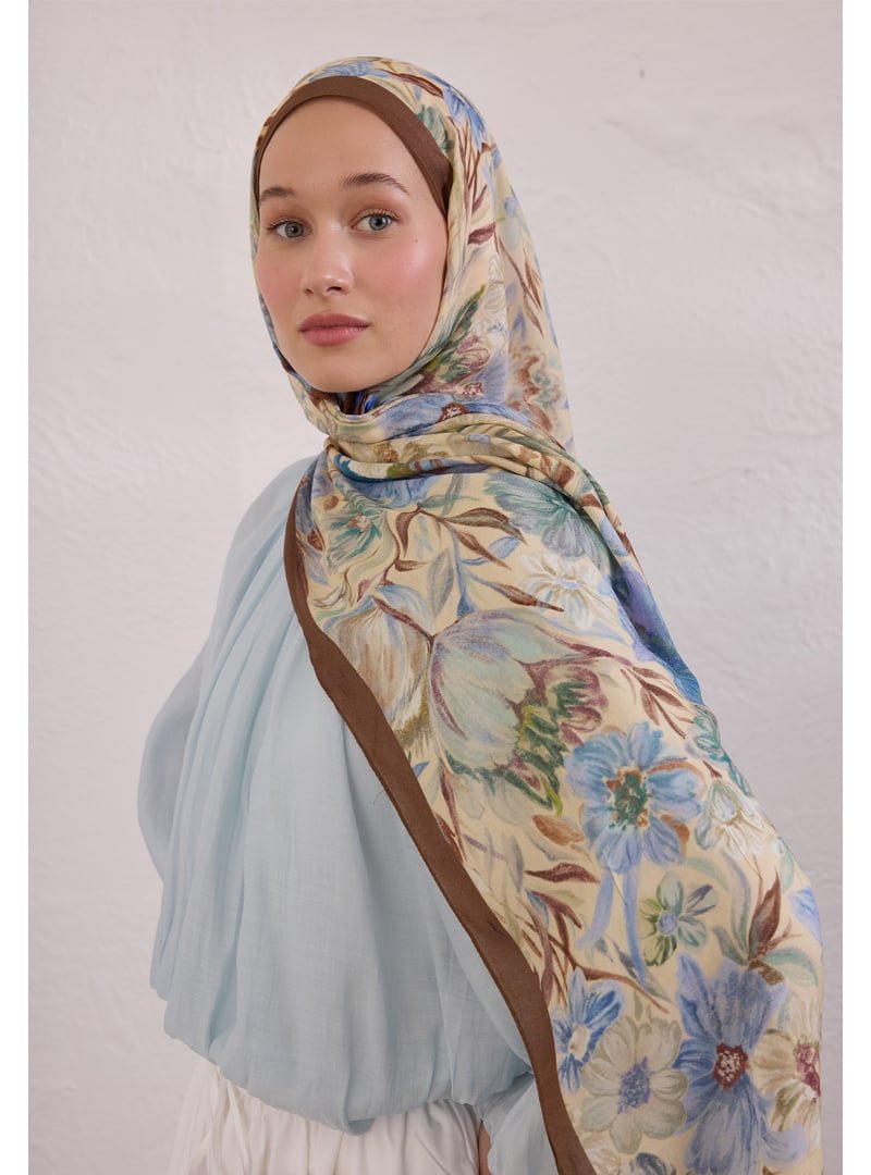 FRESHSCARFS Vıntage Garden Desen Rami Şal Fındık Kabuğu