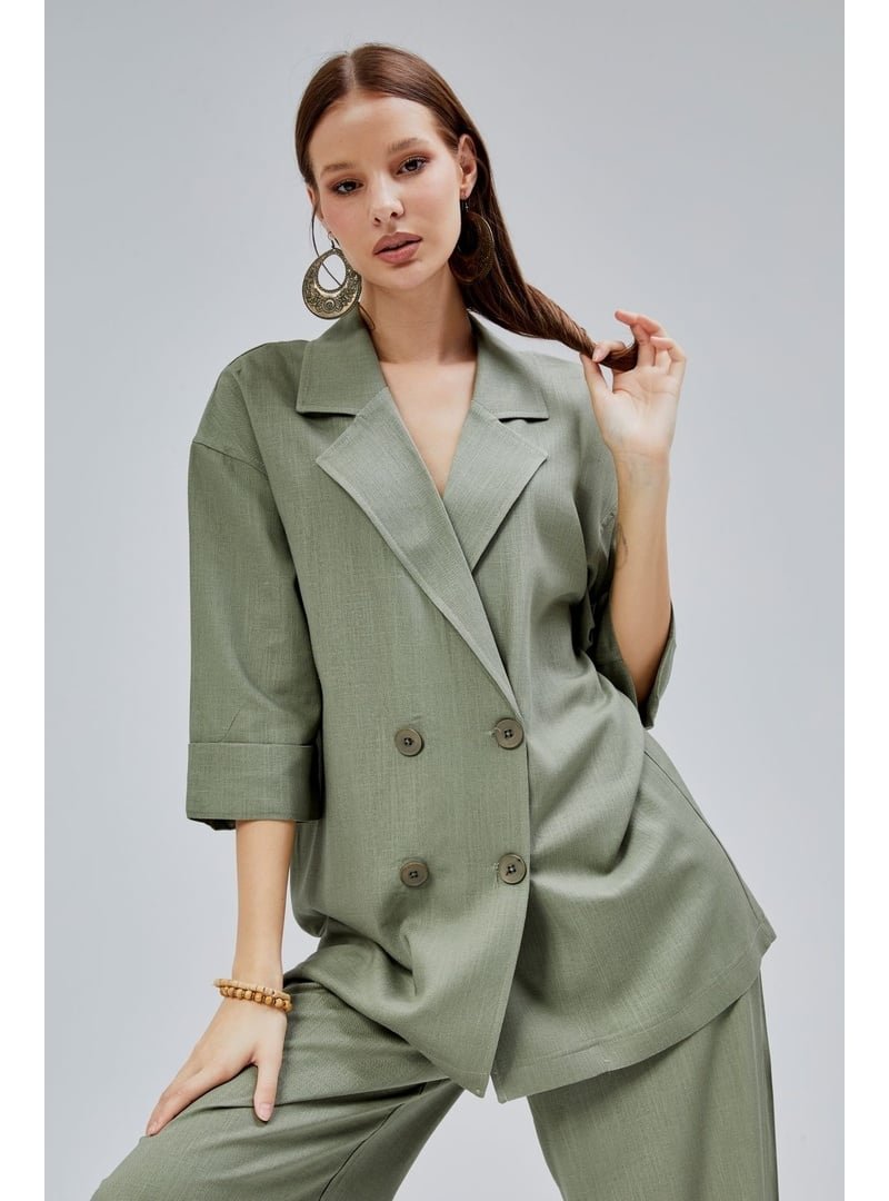 Bolivente Haki Oversize Yarım Kol Keten Takım