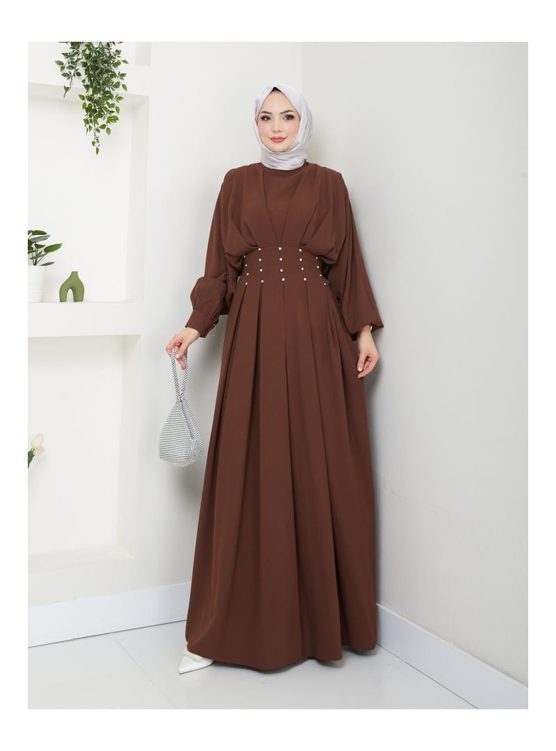 Volt Clothing Kahverengi Balon Kol Pileli Taşlı Elbise