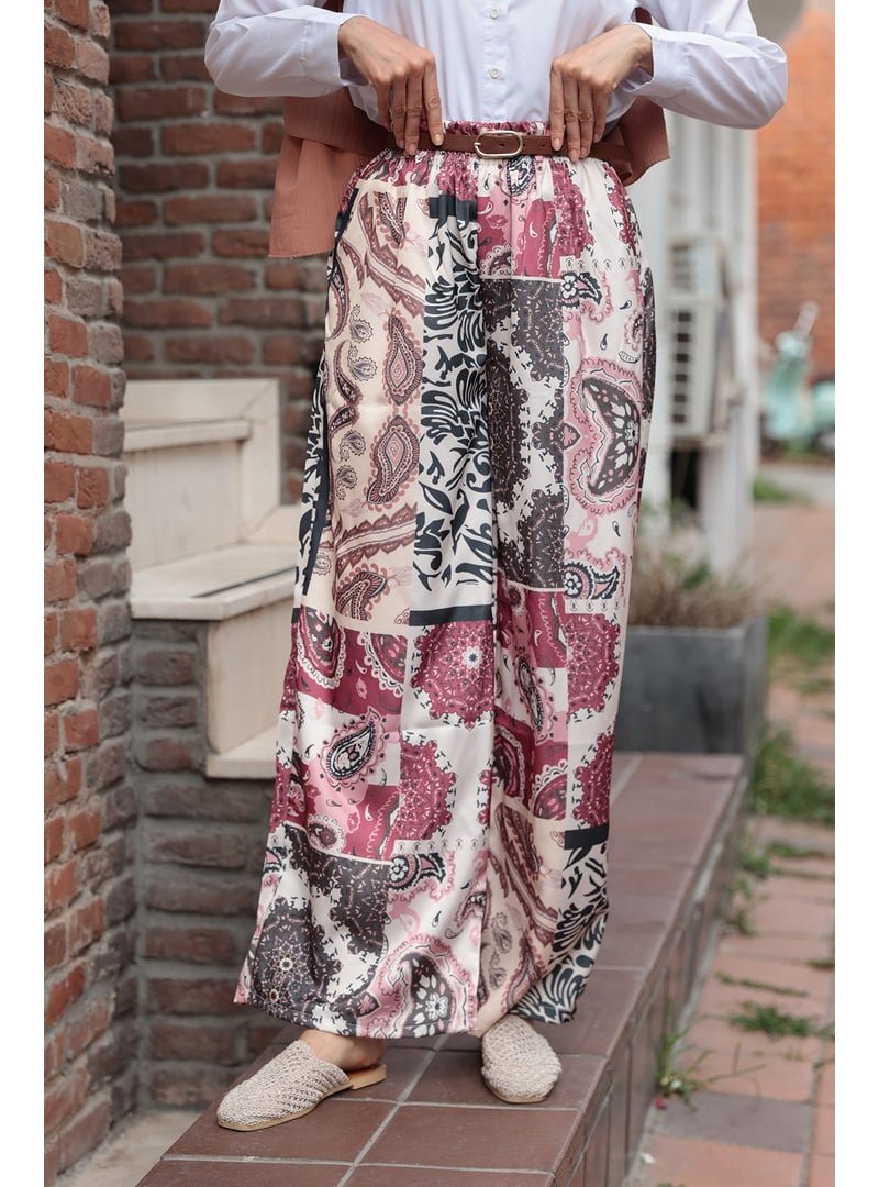 Locco Moda Bordo Baskılı Saten Pantolon