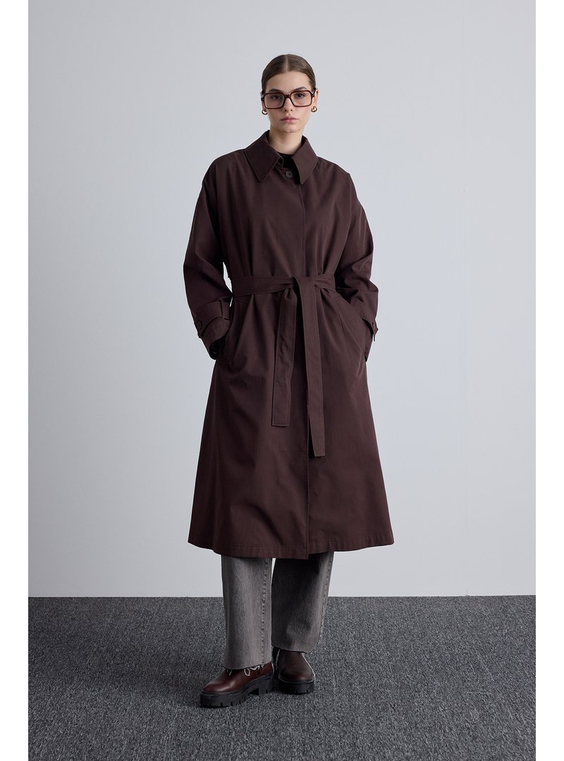 MANUKA Acı Kahve Kemerli Oversize Gabardin Trençkot