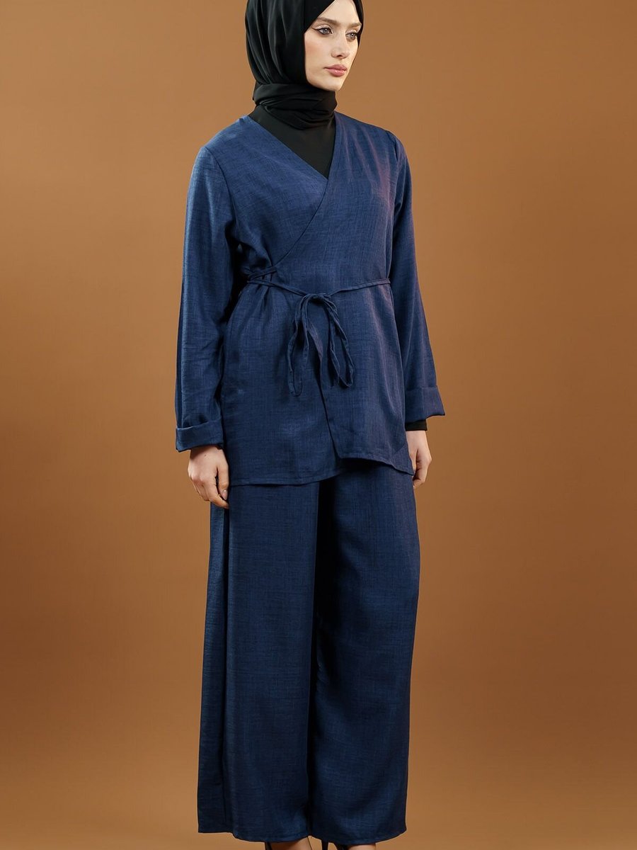 Mec Fashion Lacivert Bağlamalı Kimono İkili Takım