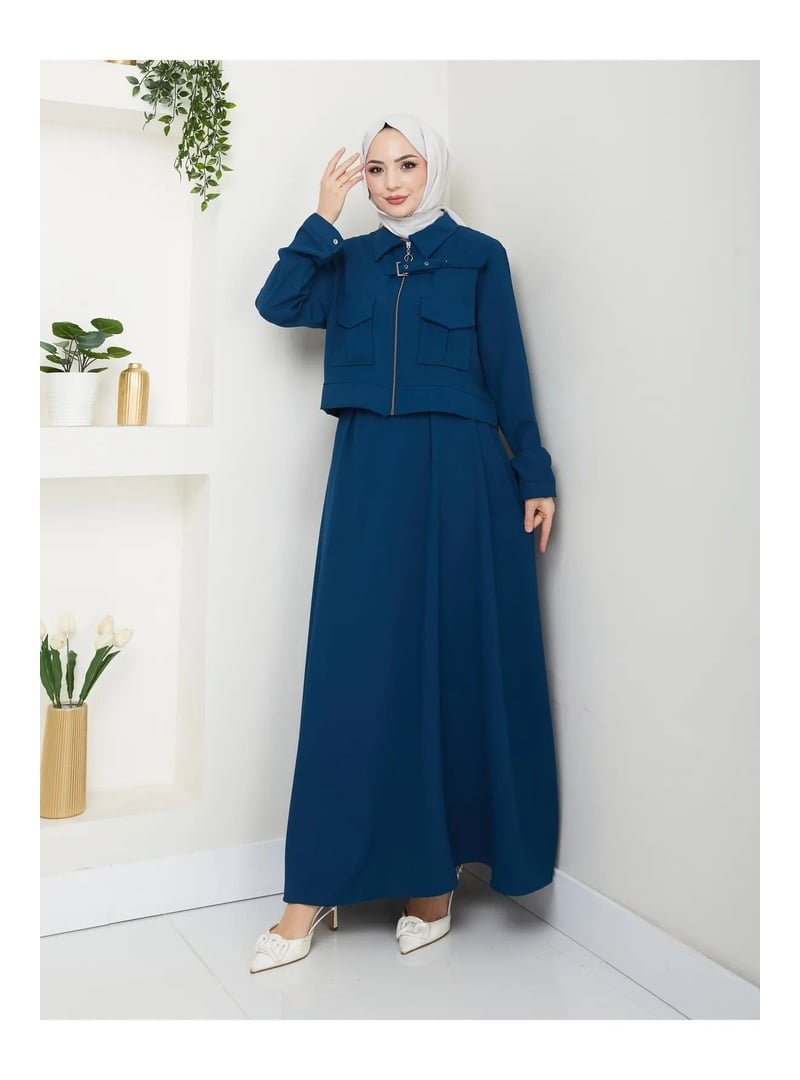 Volt Clothing İndigo Fermuarlı Yaka Kemer Detaylı Etekli Takım