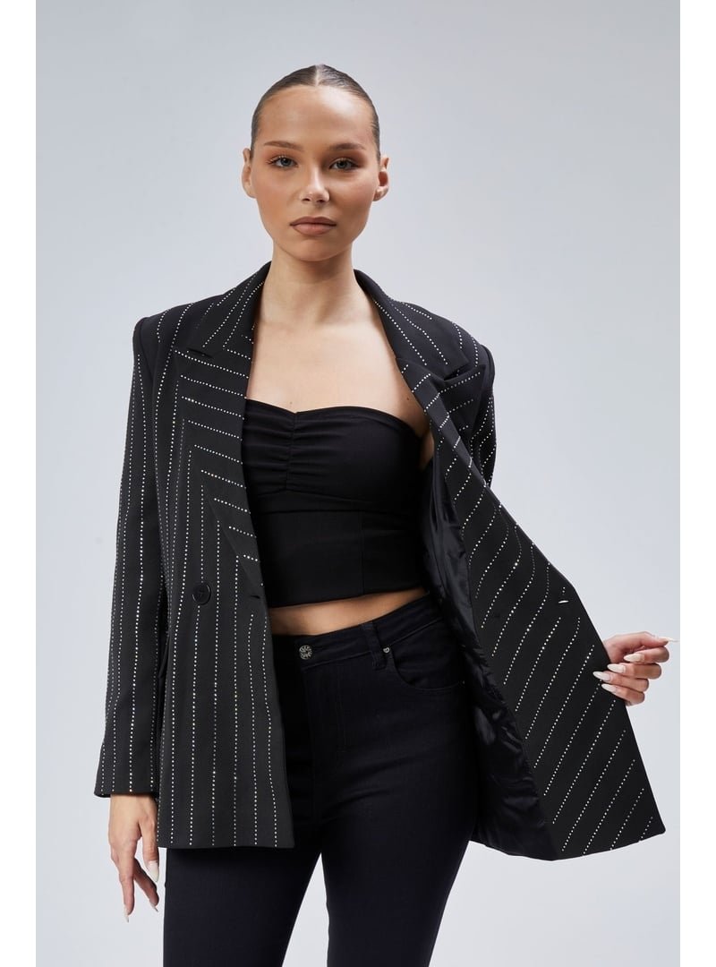 Bolivente Siyah Taş İşlemeli Regular Vatkalı Blazer Ceket