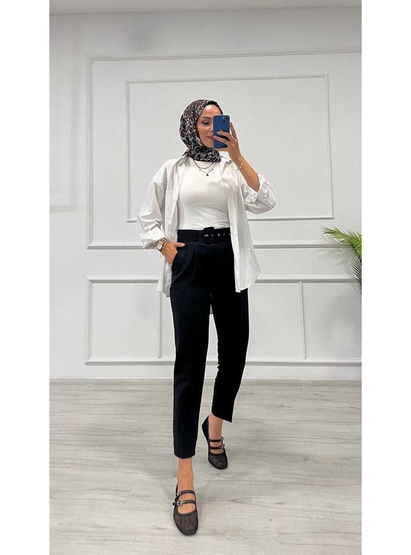Destemoda Siyah Dabıl Kumaş Beli Kemerli Havuç Kesim Pantolon