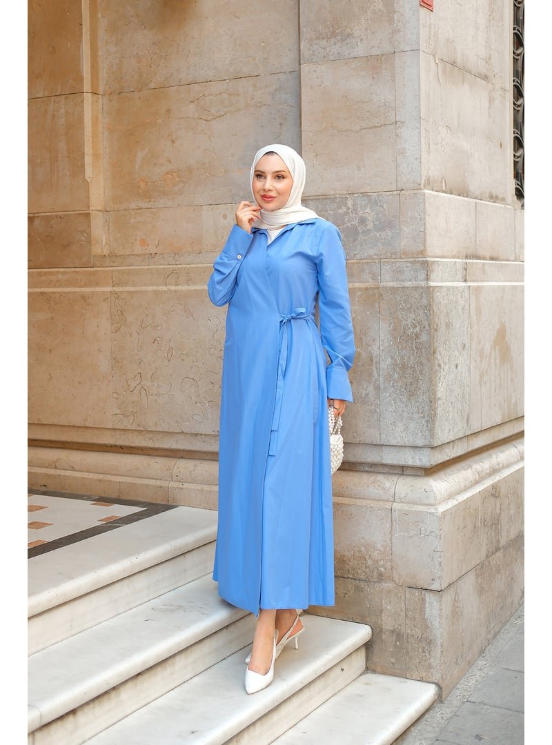 Locco Moda Saks Mavi Poplin Yan Bağlamalı Elbise