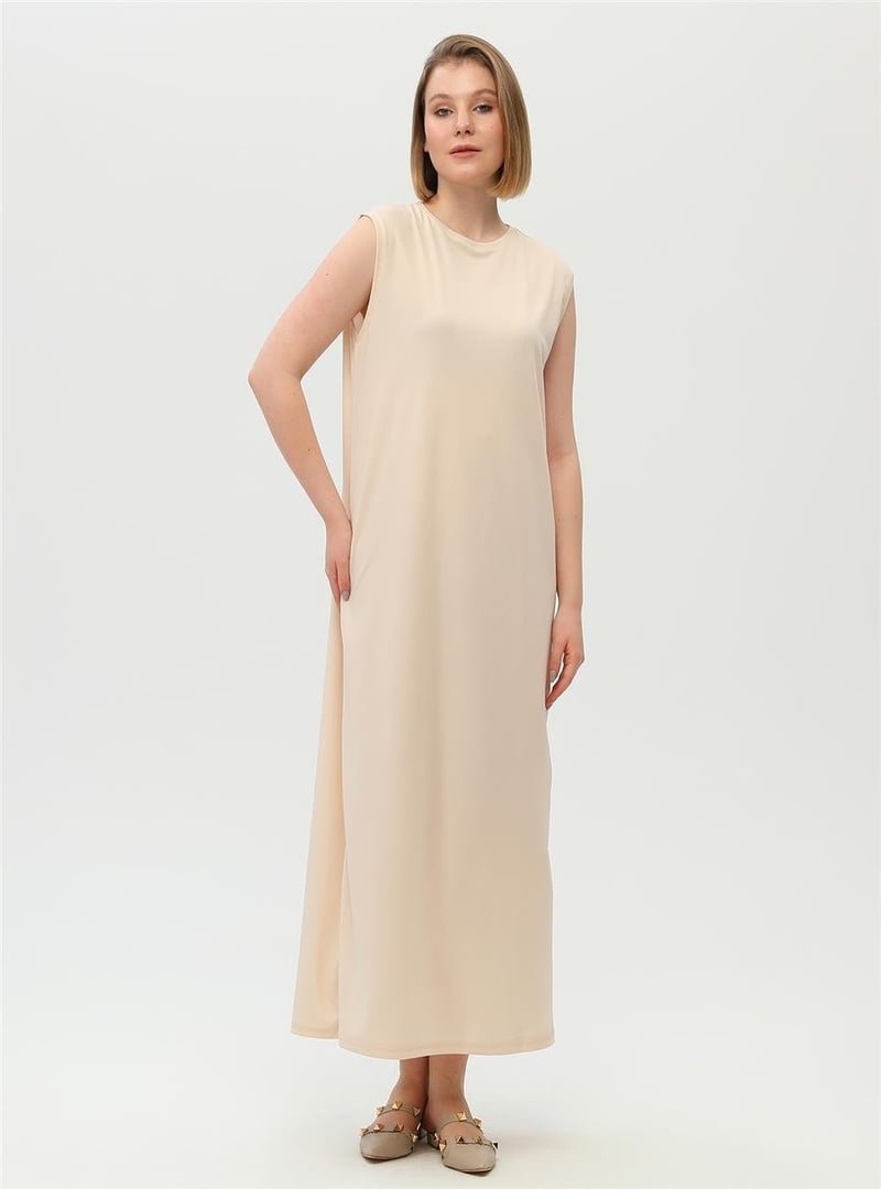 Bwest Krem Defile İçlik Sade Basic Kolsuz Elbise