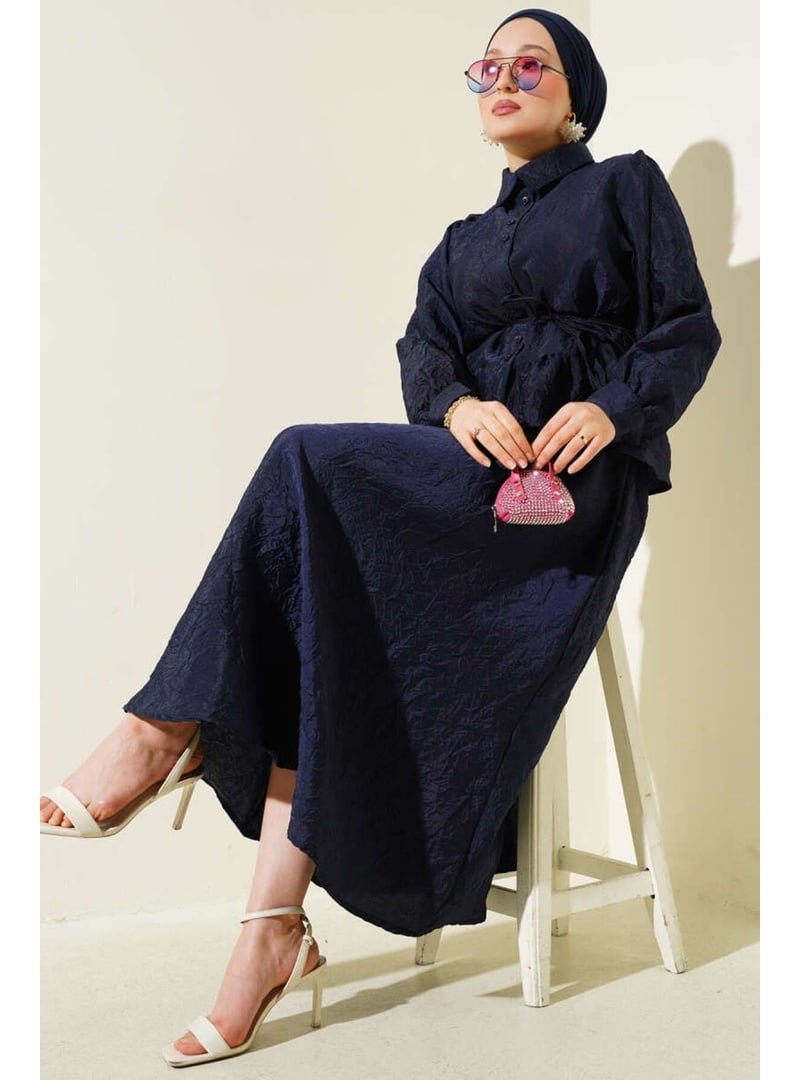 Volt Clothing Lacivert Kırışık Dokulu Kuşaklı Etekli Takım