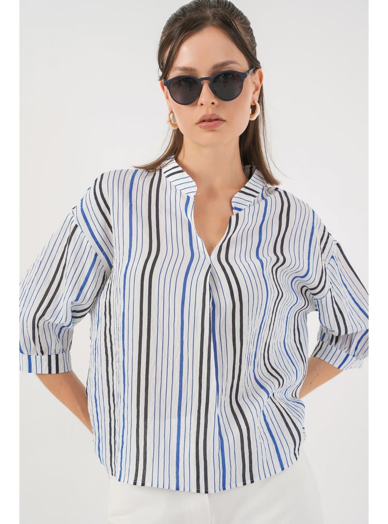 Bigdart Lacivert Çizgili Oversize Bluz