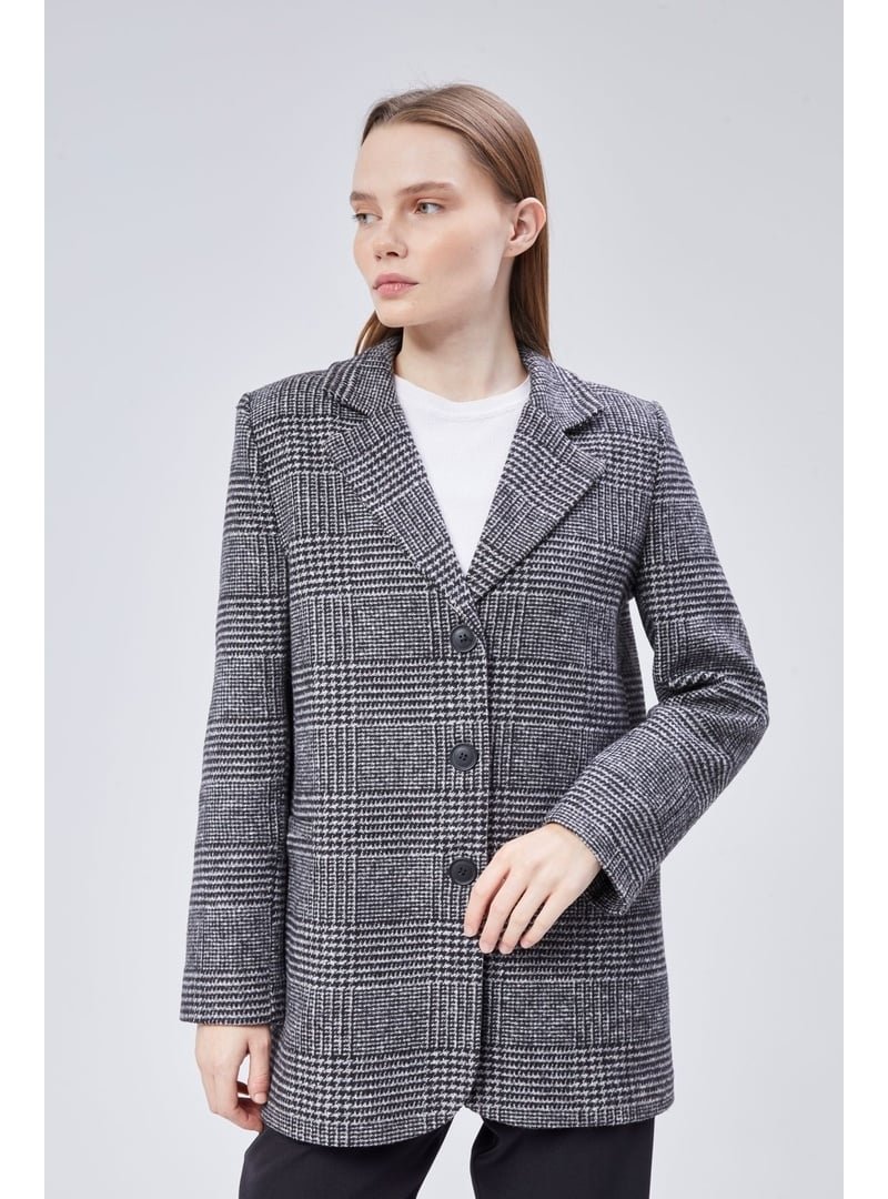Bolivente Gri Regular Astarlı Ekose Blazer Ceket