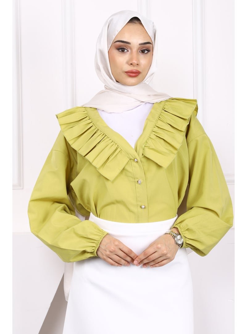 İmaj Butik Yağ Yeşili Yaka Fırfırlı Düğmeli Gömlek