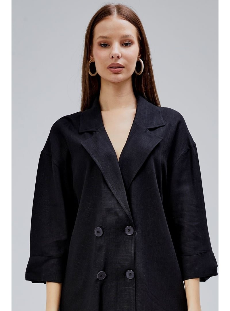 Bolivente Siyah Oversize Yarım Kol Keten Takım