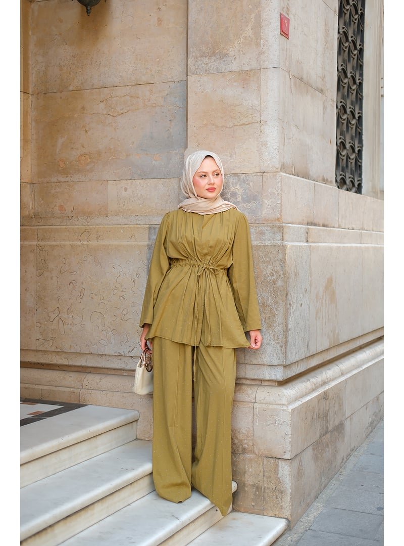 Locco Moda Taş Detaylı İkili Takım Yağ Yeşil